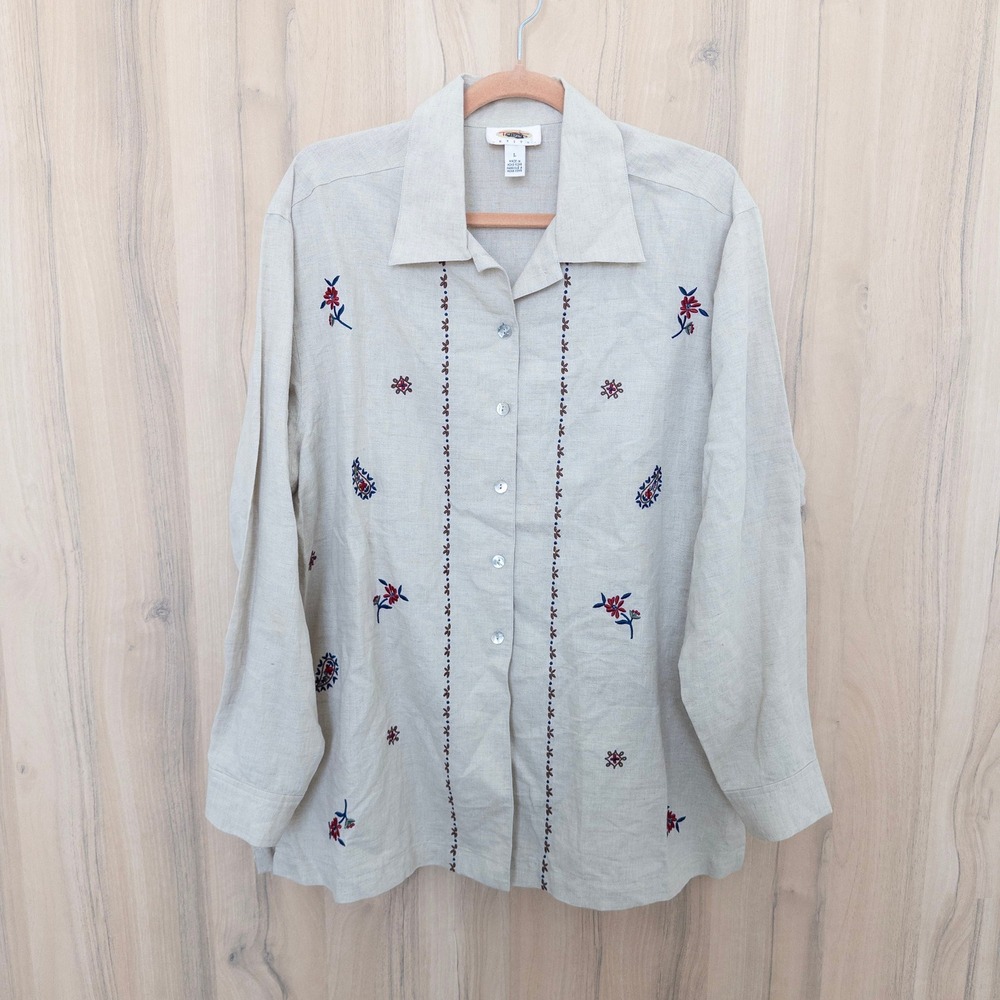 Vintage Talbots Linen Button Up Shirt L Petite Beige Embroidered Floral Coastal